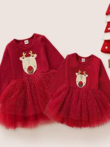 Giáng Sinh Phong Cách Công Chúa Đầm Dành Cho Bé Gái Em Bé Hiệu Suất Cotton Vải Bông Pha Trộn Vải Tuyn Váy Tay Dài Thời Trang Sành Điệu Quần Áo Trẻ Em