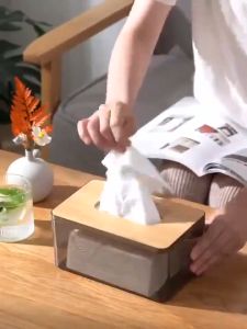 กล่องทิชชู่ไม้ กล่องปั๊มกระดาษเช็ดปากใส ที่ใส่กระดาษเช็ดปากสไตล์นอร์ดิก กล่องจัดระเบียบกระดาษทิชชู่กันน้ำพร้อมฝาไม้ กล่องเก็บกระดาษทิชชู่ตั้งโต๊ะ