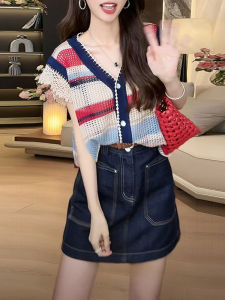 Shalldoer | Summer Fashion Stripe Sleeveless Top And Denim Short Skirt Two-Piece Set For Women Stylish Ageless Look Casual Button-Up Design