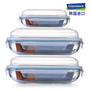 Glasslock Import Tempered Glass Fruit Plate Transparent Dish Long Plate with Lid Korean Style Large Dish
