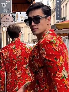 SINRANSINYA丨Áo nam-2024tik Tok thời trang Đông Bắc Trung Quốc Áo sơ mi hoa nam Lễ Hội Mùa Xuân Áo sơ mi nam tuổi teen giản dị đường phố