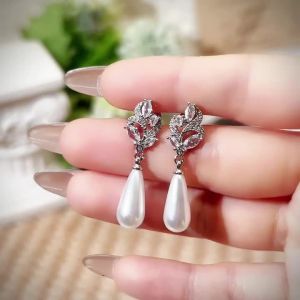 Huitan Aesthetic Imitation Pearl Dangle Earrings for Women Brilliant Cubic Zircon Luxury Female Wedding Earrings Fashion Jewelry