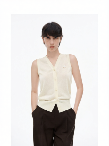 Linen-blend Beige Knit Loose V-neck Sleeveless Vest