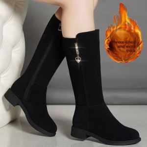 Womens Genuine Leather Martin Boots Winter New Mid-Calf Long Boot Anti-Snow Boots Knee-Length Warm Velvet Lined Side Zipper