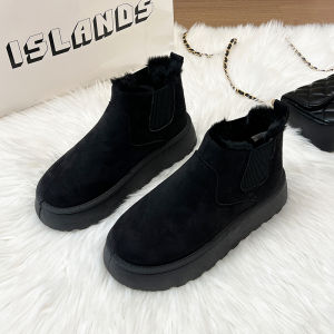 Chelsea Thick Bottom Snow Boots Womens Fur Leather Integrated Slip-On Winter Bread Shoes Fashionable Fleece Lined Cotton Shoes