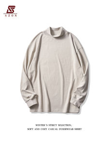Mens Thermal Long Sleeve Base Shirt Autumn Winter Thickened Velvet Sweatshirt Japanese Style Simple Solid Color Half High Collar Top