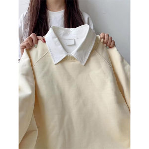 Retro Japanese Light Beige round Neck Sweatshirt Women Early Autumn Loose Long Sleeve Pure Cotton Jacket Trendy Top
