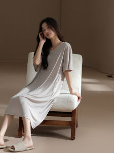 2025 New Modal Ice Silk Short Sleeve Sleep Dress Women Summer Outerwear Sleepwear Midi Dress Pure Color Chest Pad Home Clothes