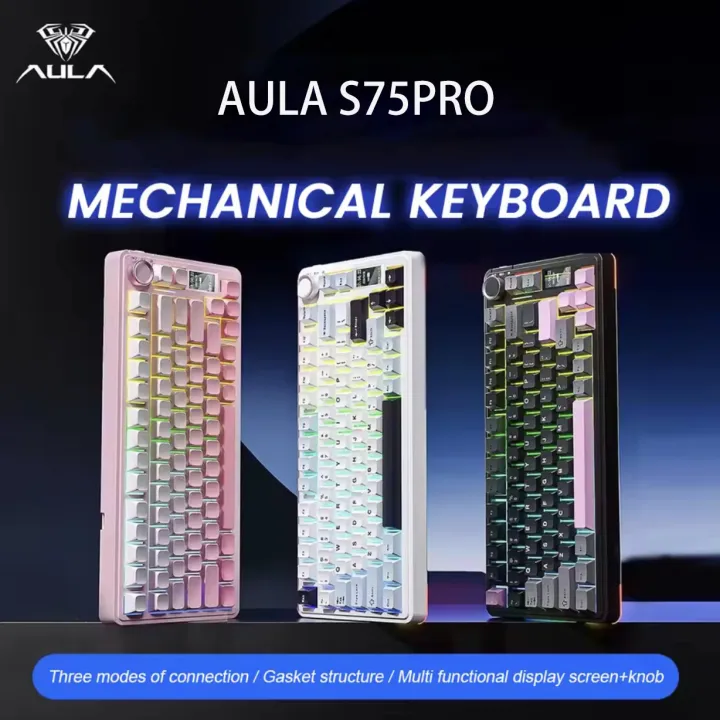 ≮707≯ AULA S75 Pro Tri-mode Mechanical Game Keyboard Wired/Bluetooth/2.4G With Display Screen Connection Hot Plug RGB Light Adjustable For games/offices