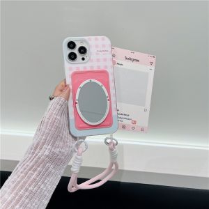Pink Card Holder iPhone Mirror Shell Handheld Lanyard Coin Purse Insert Card Bag Suitable for 17Pro Protective Cover