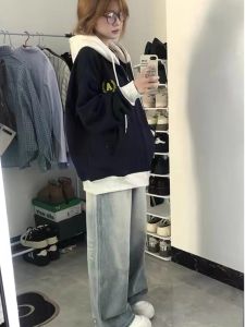 Color Block Hoodie Womens Spring Autumn 2024 New American Retro Loose College Style All Match Open Cardigan Jacket