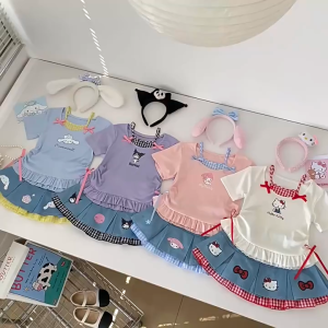 เสื้อยืดแขนสั้นเด็กผู้หญิง 2025 สไตล์เกาหลี ใหม่ สไตล์หวาน เสื้อยืดสองชิ้นปลอม พิมพ์การ์ตูนน่ารัก