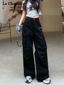 กางเกงขายาวทรงหลวมเอวสูง La Chapelle สำหรับผู้หญิง สีดำ มีกระเป๋าหลายช่อง กางเกงขายาวทรงหลวมสไตล์ลำลอง ฤดูใบไม้ร่วง 2025