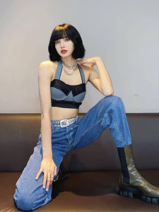 Lisa Same Style | Denim Sling Tops BLACKPINK Song-Promotion Costume Stage Wear Performance Costume Womens Team Hip Hop