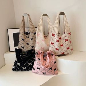 【Ready Stock】beg tangan Knitted Bow Tote Bag Vintage Woven Large Capacity Shoulder Bag for Students