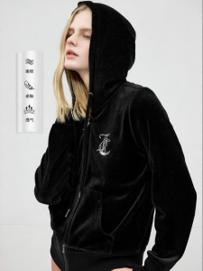 Juicy Couture | Black Velvet Diamond-studded Hooded Jacket