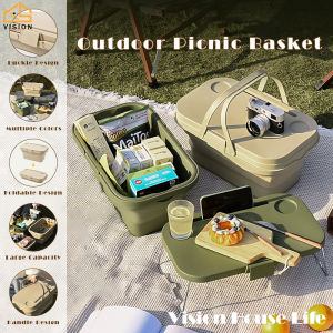 Vision Outdoor Camping Foldable Storage Box Portable Collapsible Basket Large Capacity Folding Picnic Handbasket Outdoor BBQ Camping Car Organizer