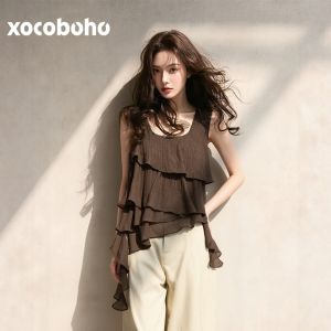 xocoboho | Elegant French Style Loose Irregular Sleeveless Brown Shirt
