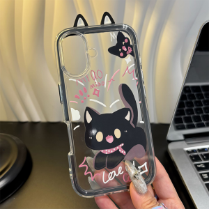 Sup&LV | High-End Unique Womens iPhone 16 Pro Max Case Transparent Silicone Mirror Stand Apple 15 Pro Cover Cute Cartoon Design Protection