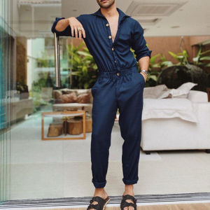 Spring Men Solid Color Jumpsuit Long Sleeve Button-down Lapel Playsuit Cargo Clothing Overalls Oversized British Belted Jumpsuit