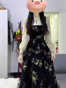 New Chinese Style Slimming Long Sleeve Dress Womens A-Line Skirt Waist-Cinching Spring Autumn Season Fashionable Casual Wear