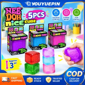 【Local Stock】YOUYUEPIN 5pcs NeeDoh Nice Cube Schylling Sensory Stress Relief Toy Super Solid Squishy TPR Gel Block Slow Rising Fidget Cube For Kids Adults Anxiety Relief Gift Blue Pink Purple