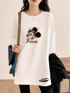 เสื้อยืดคอกลมแขนยาวทรงหลวมผ้าฝ้ายแท้สีขาวสำหรับผู้หญิง เสื้อชั้นในทรงหลวมสำหรับฤดูใบไม้ร่วงและฤดูหนาว