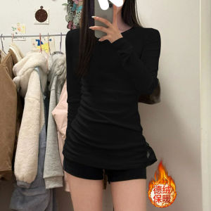 White Slim Fit Mid-Length T-Shirt Womens Long Sleeve Warm Flocking round Neck Base Shirt Top Korean Style Commute Fashion