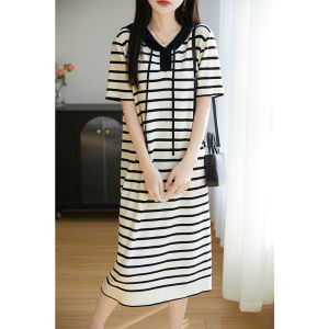 YUEXINYIRONG | Hooded Icy Silk Knit Dress with Striped Design Loose and Slimming Casual Long Tube Dress