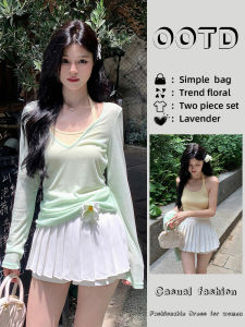 Summer Womens Sweet Spicy Multibar Long Sleeve T-Shirt Set V-Neck Sun Protection With Scarf Neckline Thin Section Chinese Made