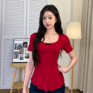 Plus Size Fat Sister French Style Bow U Collar Short Sleeve T-shirt Female Summer Small Classic Style Stylish Figure Flattering Graceful Tops