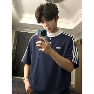 OUMULONG | Campus Style Three-Stripe Boxy Shoulder T-Shirt Short Sleeve