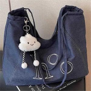 Loose Fit Large Capacity Embroidered Denim Canvas Bag Single Shoulder Tote Women Commuting Armpit Bag Fashionable Mini Bag