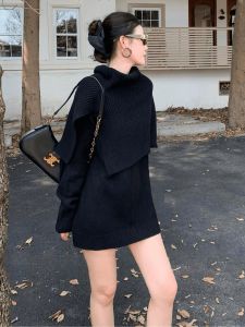 Black Knitted Shawl Commute Style Korean High Waist Folded Polyester Fiber Long Sleeve Regular Length Pure Color Ladies Sweater