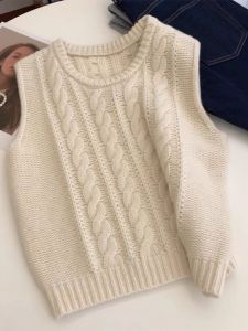 Retro Twist Knitted Wool Sweater Vest Womens Autumn Winter round Neck Sleeveless Outerwear Vest Top Layering Clothing