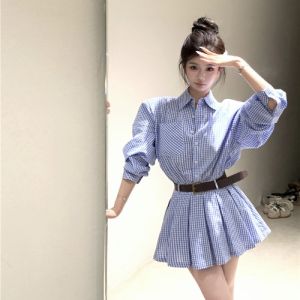 GUZILIAN | Slim Fit Shirt Dress With Shoulder Pads High Waist Pleated Mini Skirt For Women Early Autumn Fashion Blue White Plaid Design