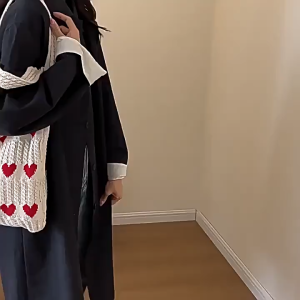 LOOYOYU Tas Rajutan Terbaru Warna Solid Tenunan Tangan Baru Yang Dilubangi Tas Bahu Rajut Sastra Kapasitas Besar Tas Tangan Komuter Tote Bag Tote