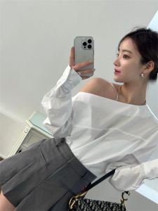 Korean Style Casual Long Sleeve Asymmetrical Loose Shirt Shoulder Bared Side Collar Design Commute Fashion Ladies Top