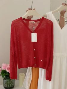 Luxurious Red V-Neck Long Sleeve Ice Silk Knitted Open Cardigan Womens Summer Thin Outer Sun Protection Shirt Korean Style Loose Fit