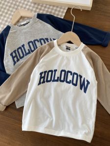 S X [hb9045] เสื้อยืดแขนยาวลายตัวอักษรแบบต่อกันสไตล์วินเทจสไตล์อเมริกันสำหรับเด็กชายเสื้อตัวในคอกลม