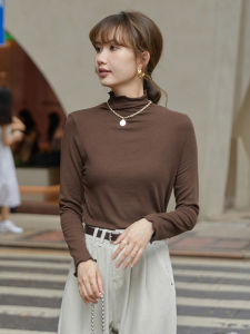 Autumnal French Style Mermaid Brown Wood Edge Overlap Collar Knitted Base Shirt Womens Slim Fit Half High Collar Top