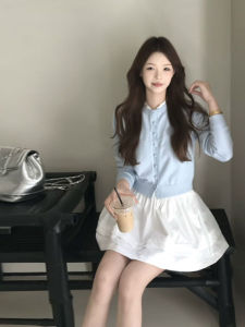 College Style Knitted Set Korean Small Size Half Skirt Complete Outfit OOTD Winter Fashion Womens Comfortable Button round Neck Cotton Blend