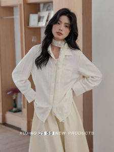 Elegant Long Sleeve Lace Patchwork Collar Shirt Womens Fashionable Summer New Arrival Polyester Nylon Blend Polo Neck Top