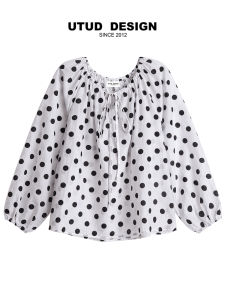 UTUD DESIGN Womens Summer round Neck Long Sleeve Sun Protection Shirt Polka Dot Tie Design Loose Fit Casual Fashion Top