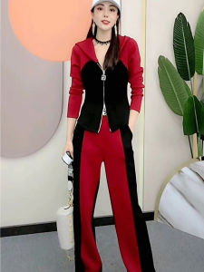 Fashionable Color Block Slimming Short Jacket And Wide Leg Pants Set for Women Spring 2025 Stylish Ensemble Long Sleeve Hoodie