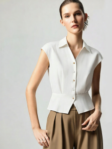 AMII | Office Style Turn-down Collar Short Sleeve Spandex Blouse
