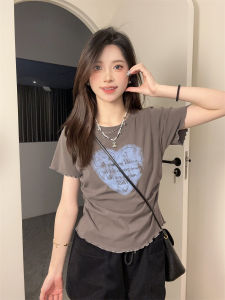 Elegant Short Sleeve round Neck T-Shirt Womens Summer Fashion Print Gored Waist Short Style Cotton Blend Comfortable Fit