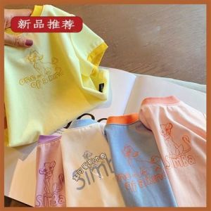 Áo Thun in Họa Tiết Cổ Tròn Tay Ngắn Mùa Hè Mới Cho Bé Gái Áo Sơ Sinh Đa Năng Thời Trang Thường Ngày Bằng Cotton 95%