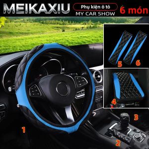 Bộ 6 Món Bọc Vô Lăng Xe Hơi Bằng Da PU Kèm Bao Tay Lái Bao Phanh Tay Và Bao Cần Số Dành Cho Vô Lăng 15 Inch Có Kèm Bao Tay Vịn