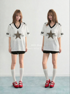 ARCG | V-Neck Mesh Leopard Stars T-Shirt Summer Loose Sporty Design